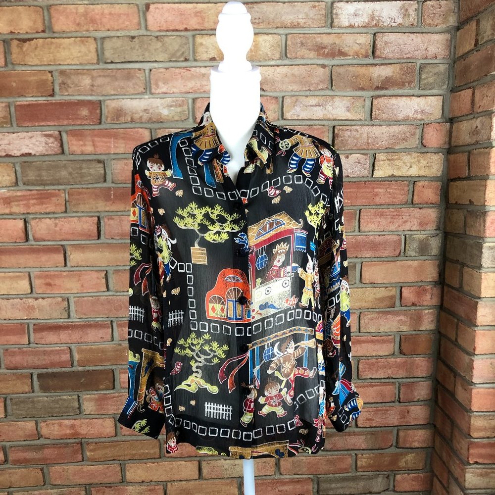 Chico's Silk Semi-Sheer Black Long Sleeve Top